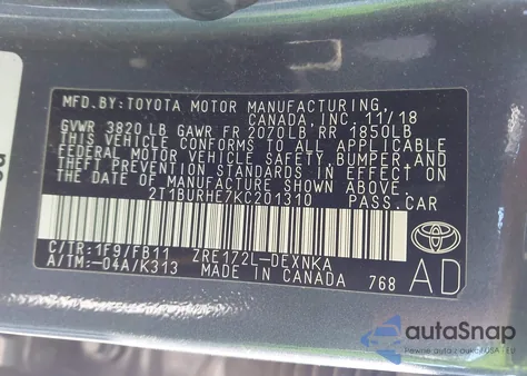 2019 Toyota Corolla Le z USA, uszkodzony, nr VIN 2T1BURHE7KC201310